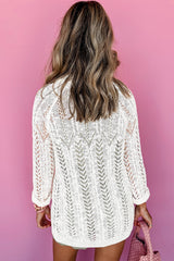 White Solid Color Hollow Knit Open Front Cardigan