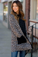 Black Leopard Patched Pocket Open Front Cardigan