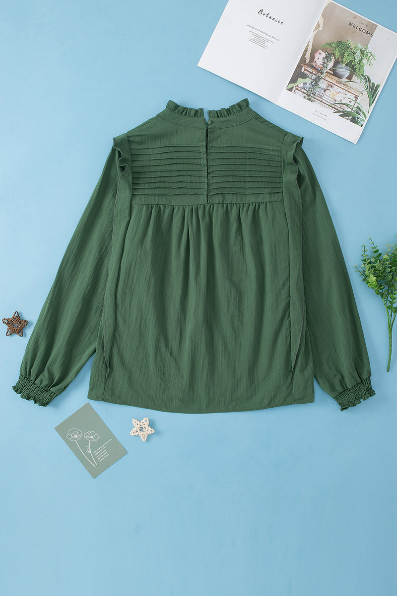 Green Ruffled Solid Color Pleated Long Sleeve Blouse