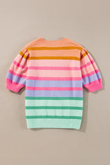 Rose Red Colourful Stripe Bubble Sleeve Gradient Knit Top