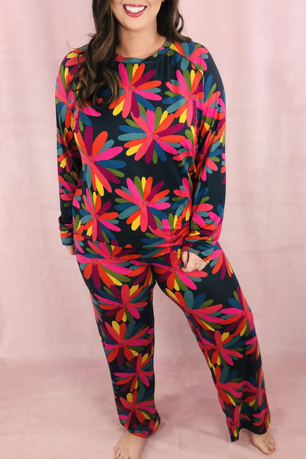 Black Plus Size Floral Printed Long Sleeve and Pants Loungewear Set