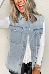 Beau Blue Flap Pocket Curved Hem Sleeveless Denim Jacket