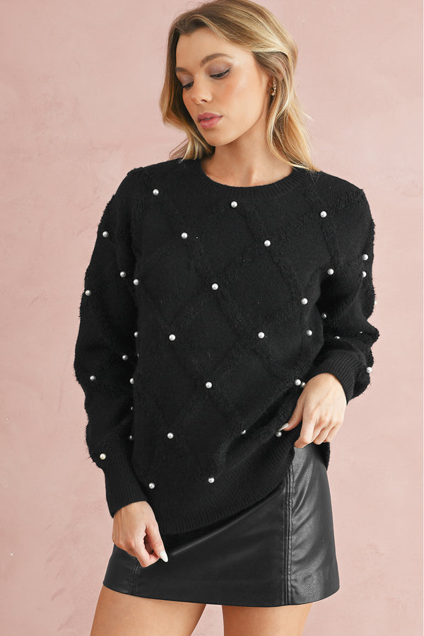 Black Pearl Embellished Rhombus Pattern Sweater