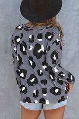 White Leopard Print Casual Loose Long Sleeve Top