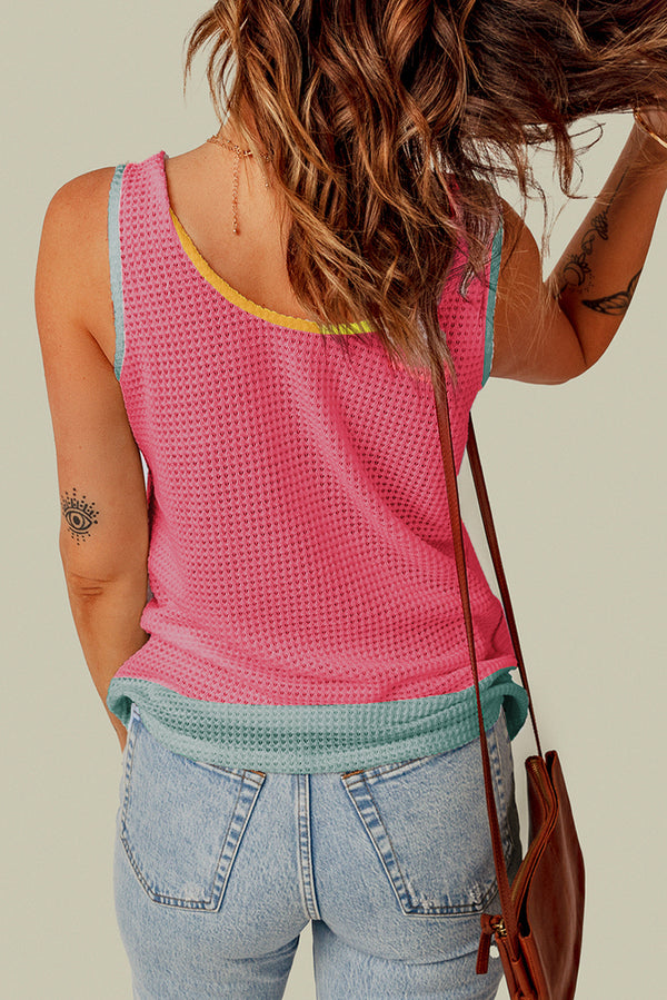 Strawberry Pink Color Block Patched Pocket Waffle Knit Tank Top