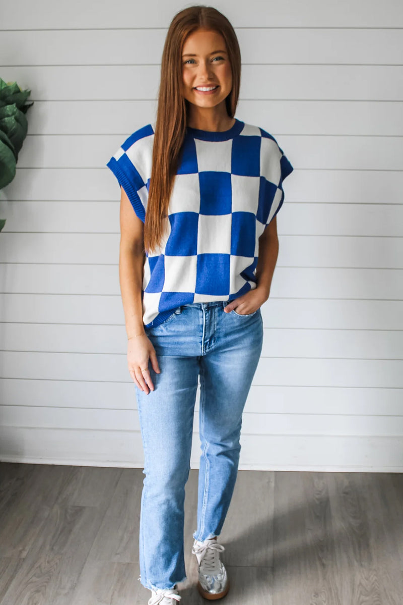 Dark Blue Checkered Knit Top