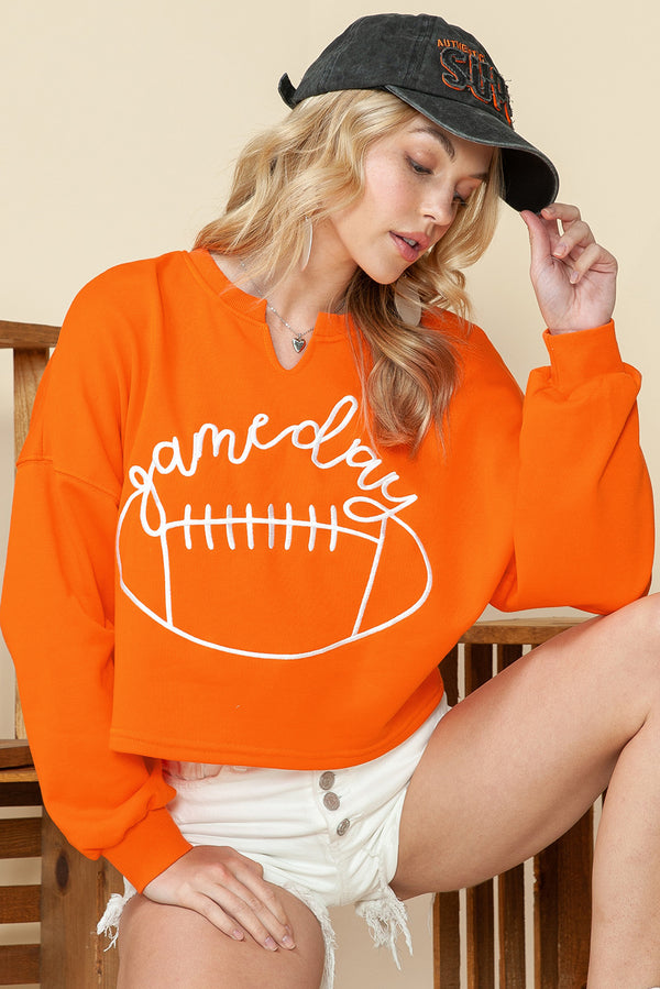 Orange Game Day Lettering Rugby Notched Neck Cropped Sweatshirt