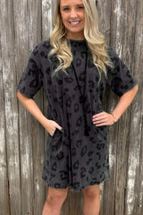Gray Short Sleeve Casual Leopard Print Dress With Pockets