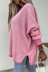 Pink Striped Scallop V Neck Split Knitted Sweater