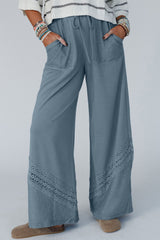 Dusk Blue Lace Crochet Patchwork Drawstring High Waist Wide Leg Pants