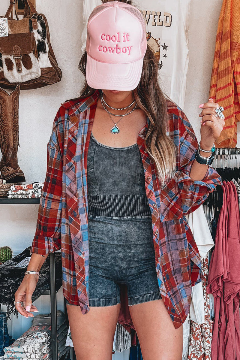 Orange Plaid Print Pocket Loose Shirt