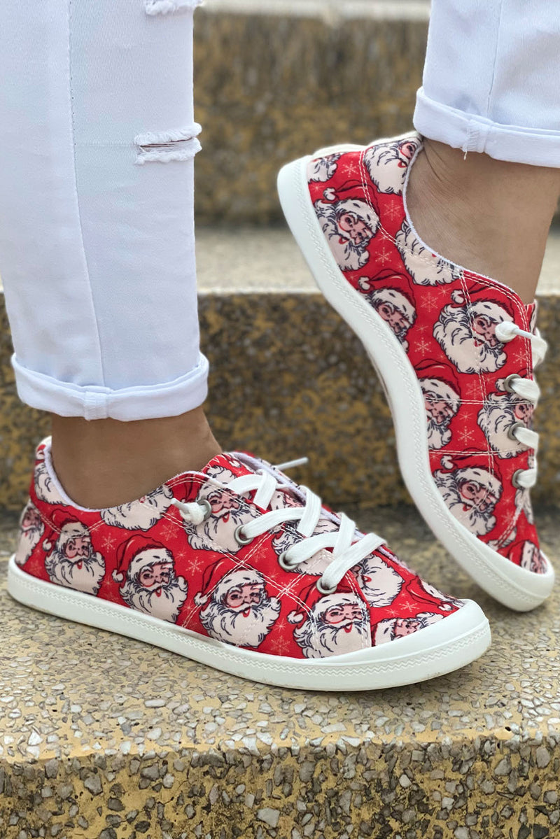 Fiery Red Christmas Santa Print Lace Up Flat Sneakers