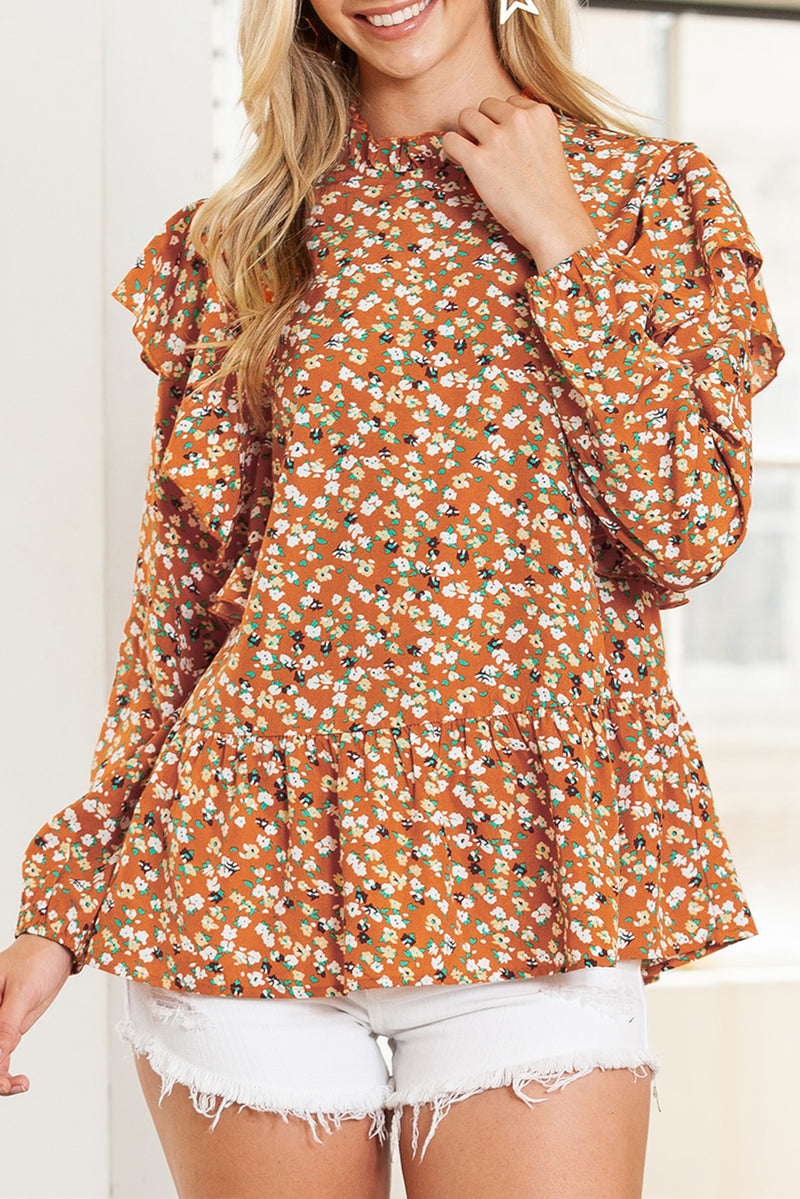 Orange Ditsy Floral Boho Ruffle Long Sleeve Blouse