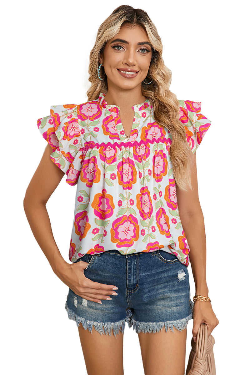 Rose Boho Floral Print Ricrac Ruffle Sleeve Blouse