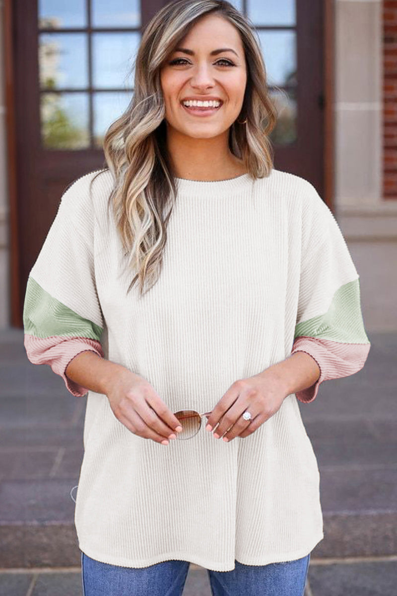 White Ribbed Colorblock Drop Sleeve Top