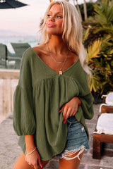 Green Solid Color Gauze Casual V Neck Top for Women