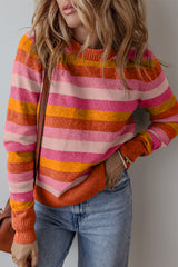 Green Striped Ribbed Edge Round Neck Sweater