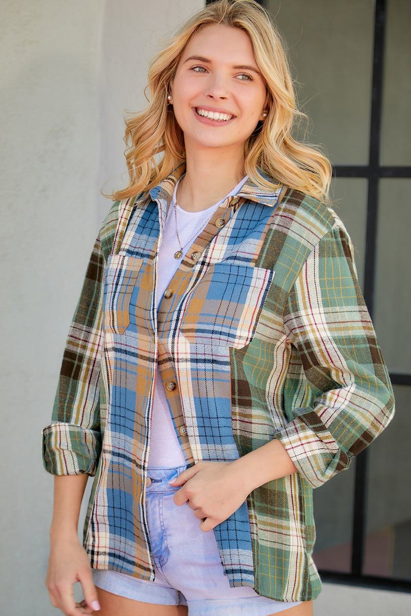 Green Plaid Colorblock Casual Pockets Button Up Shacket