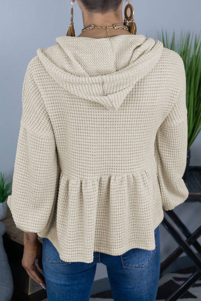 Apricot Waffle Casual Button Ruffle Knit Hoodie