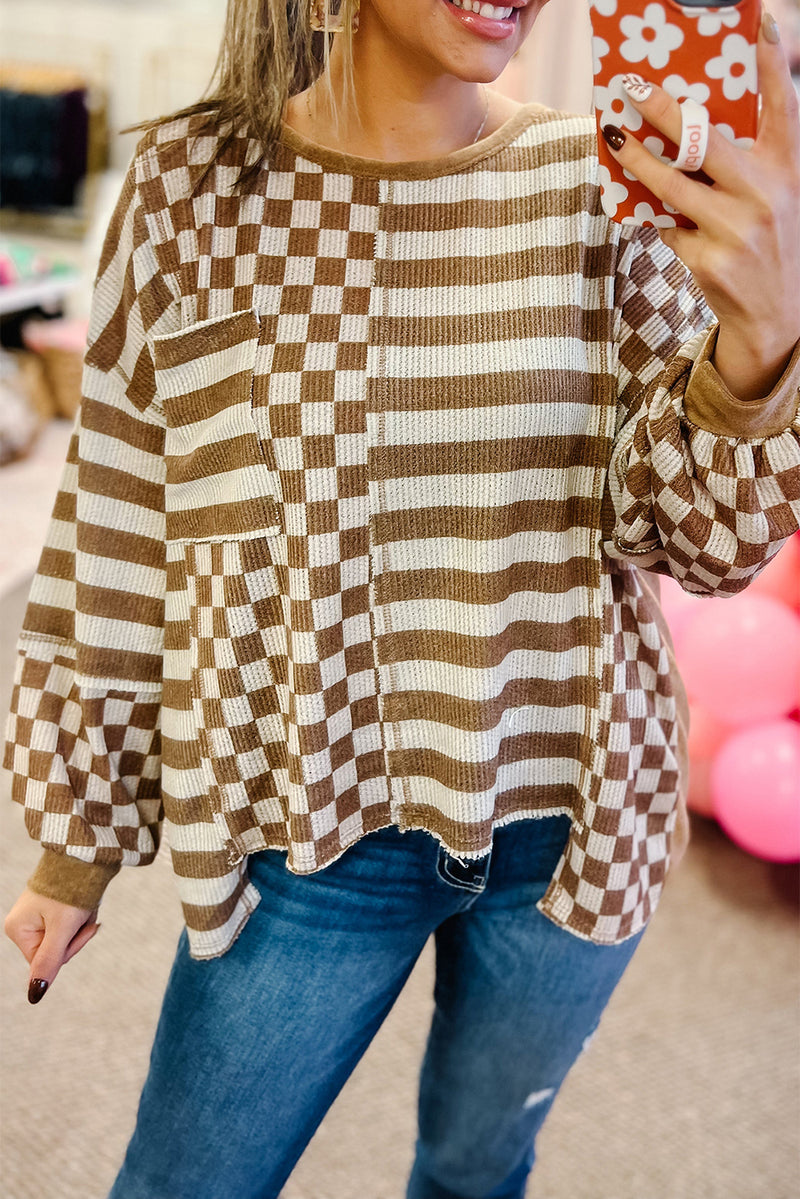 Khaki Checkered Striped Patchwork Lantern Sleeve Top