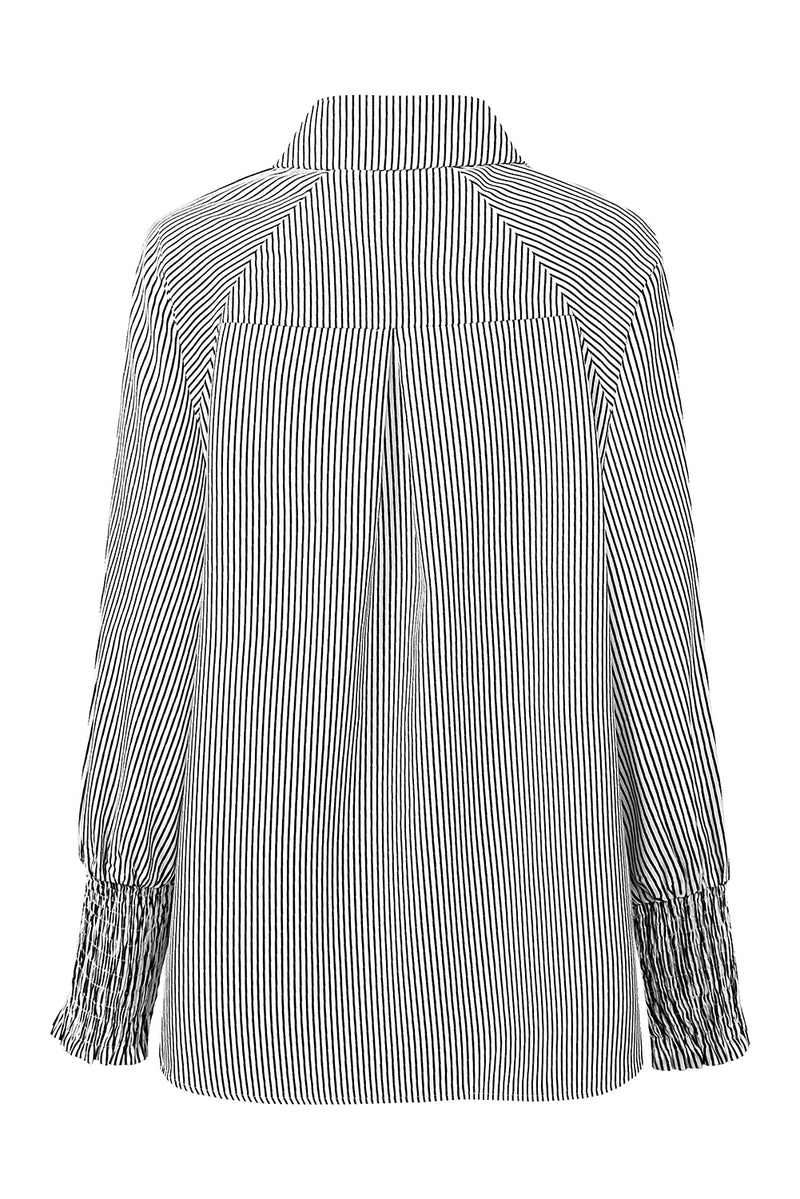 Black Striped Casual Shirred Cuffs Shirt