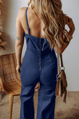 Sail Blue Seamed Zipper Spaghetti Strap High Waist Flared Jumpsuit