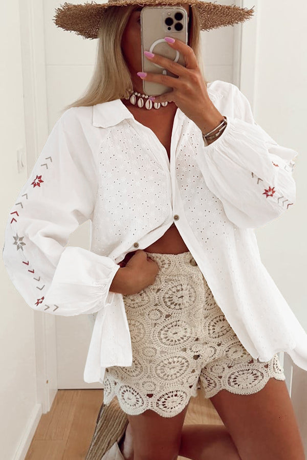 White Floral Embroidered Puff Sleeve Eyelet Patchwork Shirt