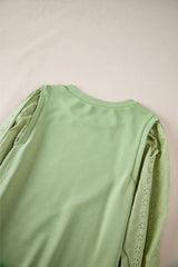 Mist Green Eyelet Embroidered Sleeve Patchwork Ribbed Sweatshirt