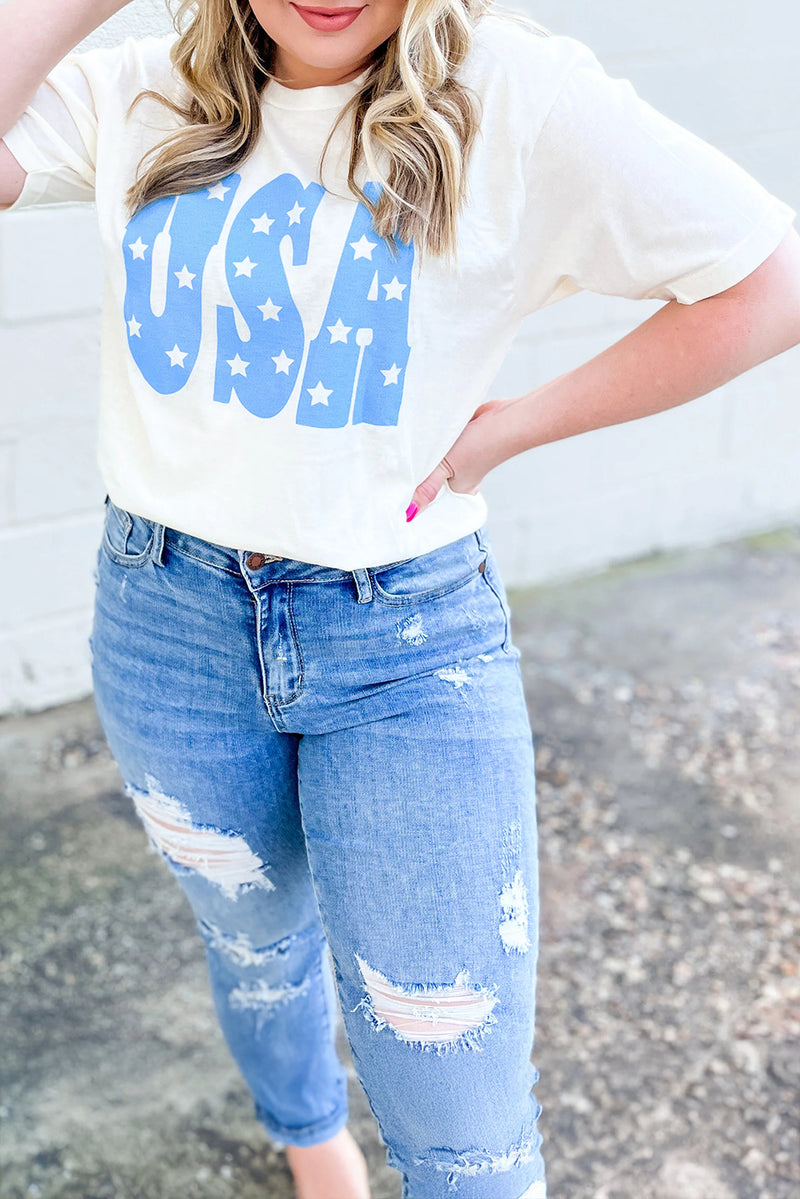 Sky Blue Stars Graphic USA Patriotic Plus Size Tee