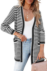 Black Striped Pocketed Button Long Cardigan