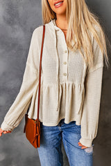 Apricot Waffle Casual Button Ruffle Knit Hoodie