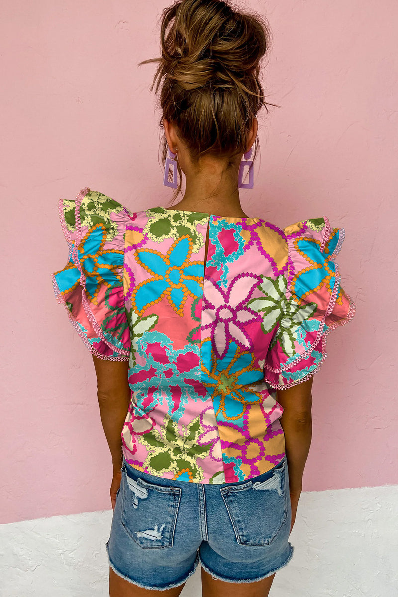 Multicolor Floral Print Boho Top Tiered Ruffle Sleeve Blouse