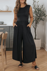 Black Solid Color Open Back Sleeveless Wide Leg Jumpsuit