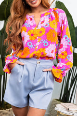 Rose Flower Print V Neck Relaxed Sleeve Blouse