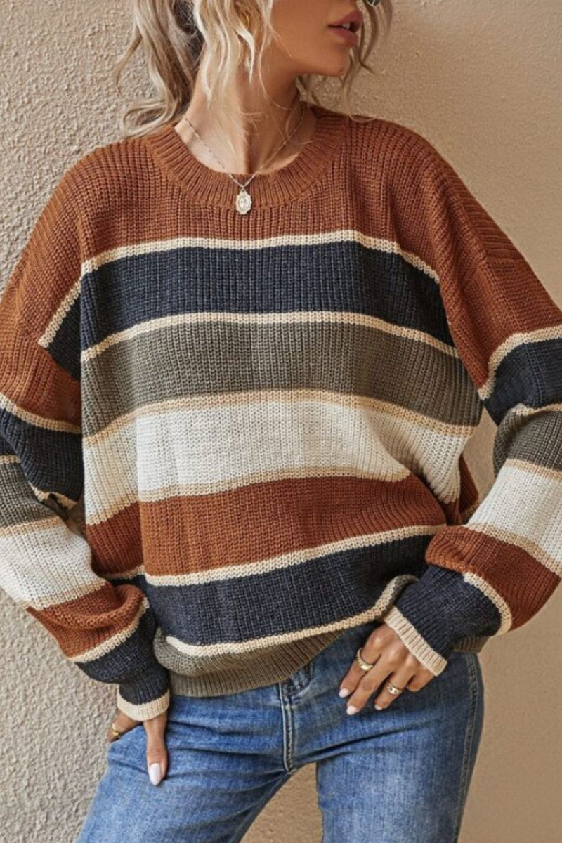 Contrast Striped Round Neck Long Sleeve Sweater