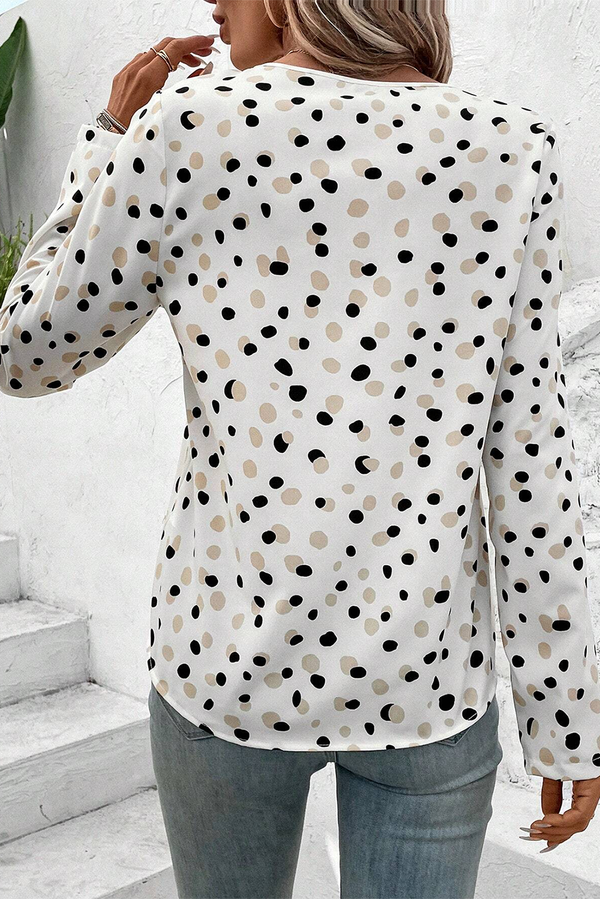 White Dotted Print V Neck Long Sleeve Blouse