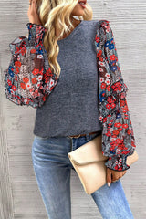 Blue Floral Ruffle Sleeve Patchwork Top