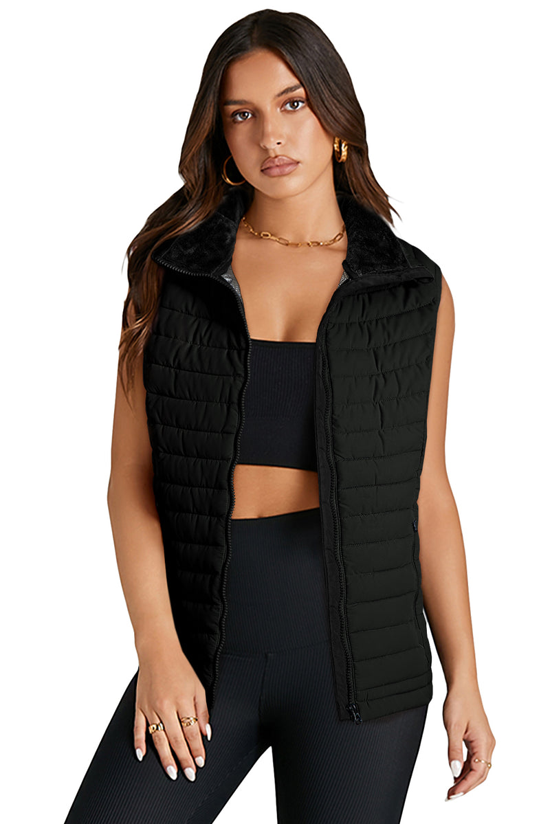 Sky Blue Plush Collared Quilted Zipped Puffer Vest