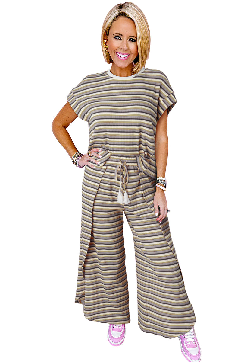 Yellow Stripe Rainbow Tee and Tassel Drawstring Wide Leg Pants Set