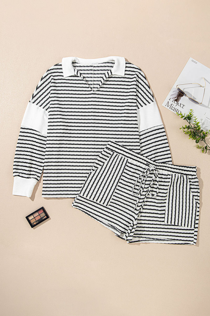 Black Stripe Textured V Neck Long Sleeve Top and Shorts Plus Size Set