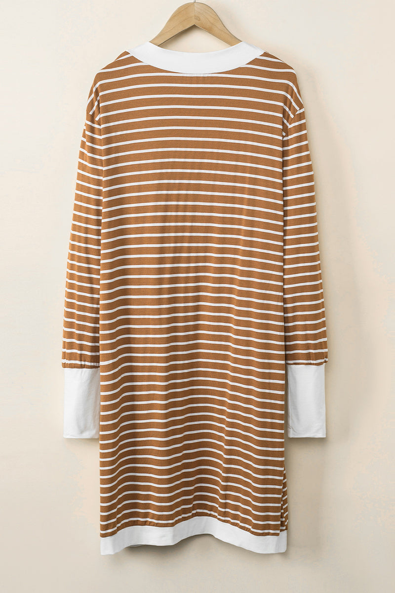 White Striped Side Pockets Open Front Long Cardigan