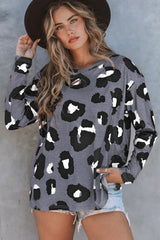 White Leopard Print Casual Loose Long Sleeve Top