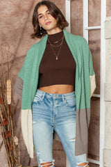 Green Colorblock Draped Open Front Cardigan