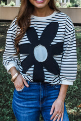 Black White Striped 60s Flower 3/4 Sleeve Top