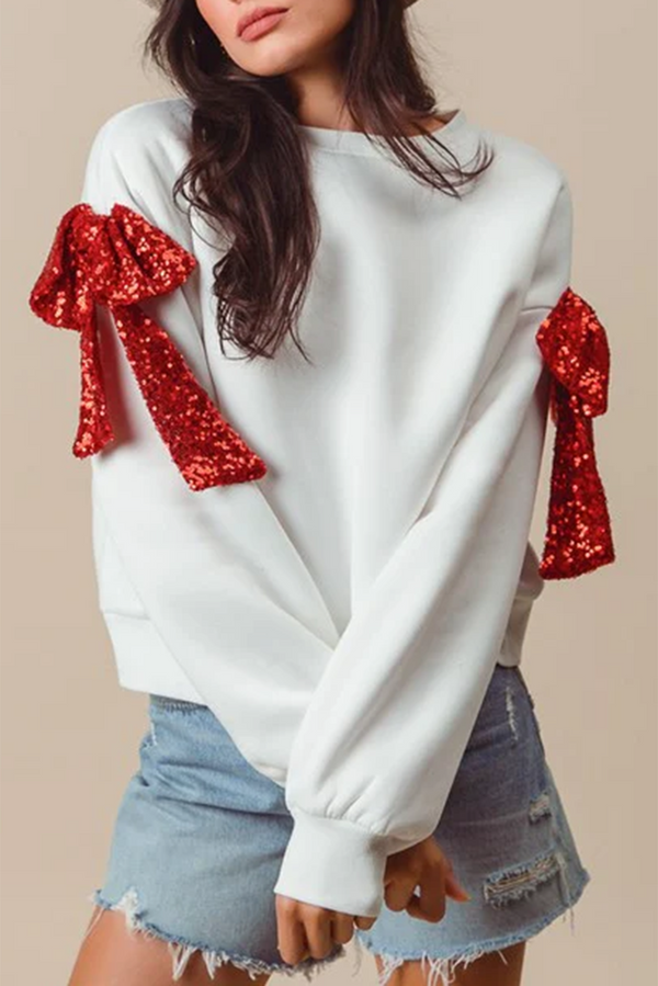 White Bow Knot Long Sleeve Crewneck Casual Sweatshirt