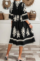 Black Ethnic Print 3/4 Sleeve Loose Midi Dress