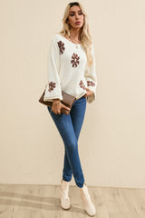 White Colorblock Floral Pattern Crewneck Sweater