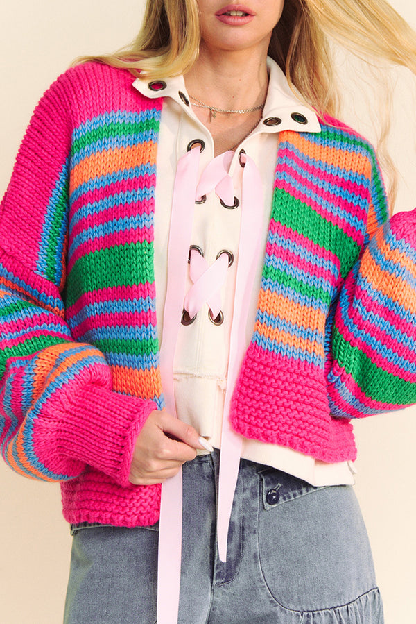 Rose Striped Puff Sleeve Open Front Cardigan