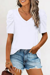 Green Solid Puff Sleeve Casual V Neck T-Shirt