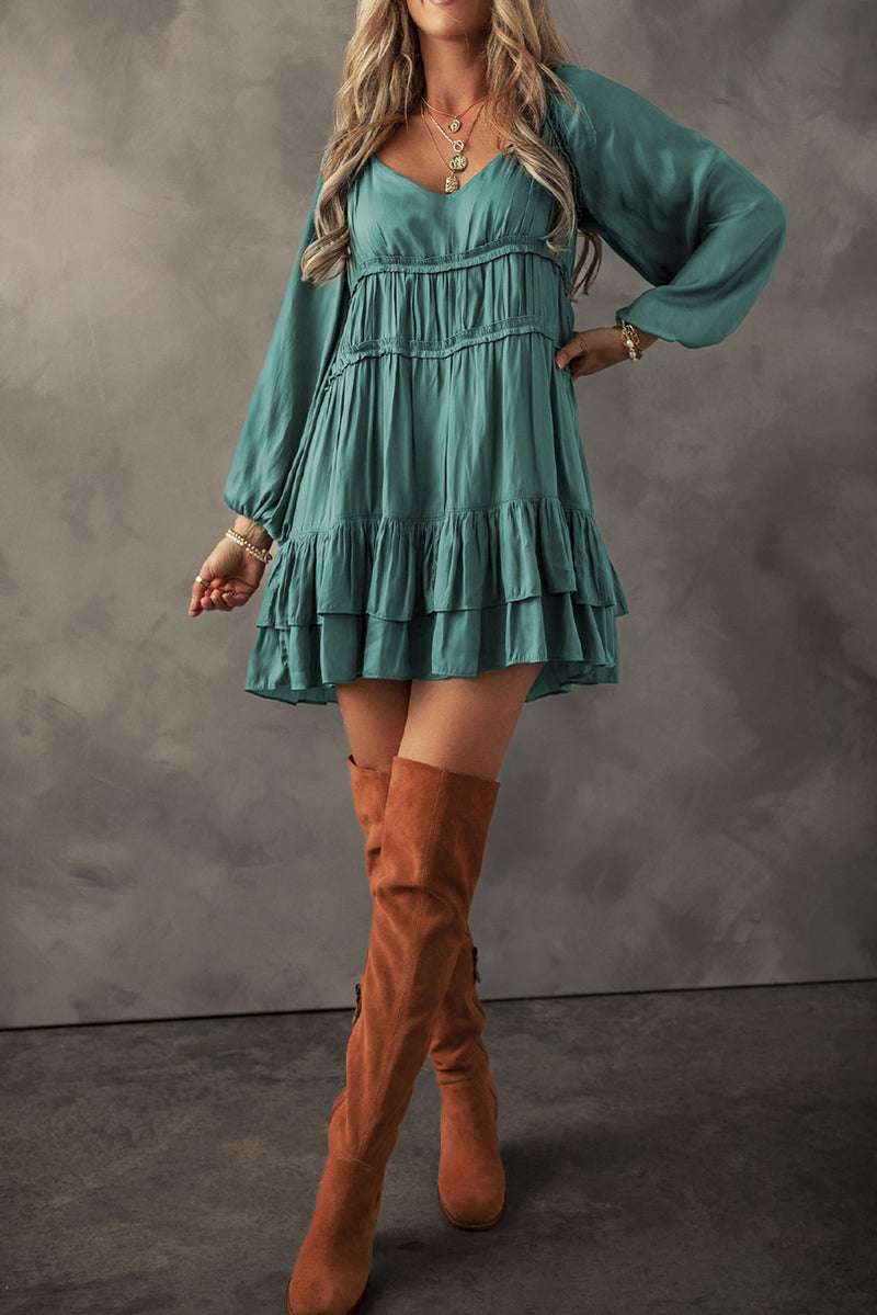 Mist Green Puff Sleeve Loose Fit Tiered Ruffle Mini Dress